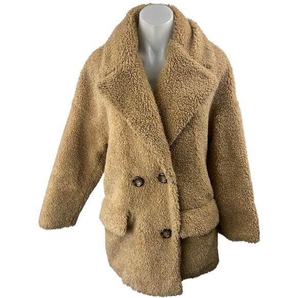 Zara Tan Khaki Faux Fur Fleece Long Sleeve Teddy Sweater Coat Jacket Size S - Picture 1 of 3